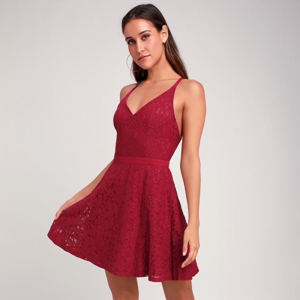lulu’s cute wine-red backless lace skater dress